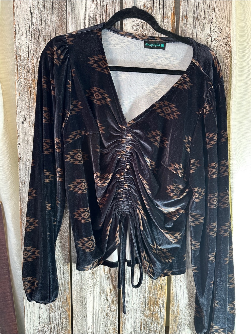 Vintage Havana Black Long Sleeve V-Neck Top with Brown Aztec Print